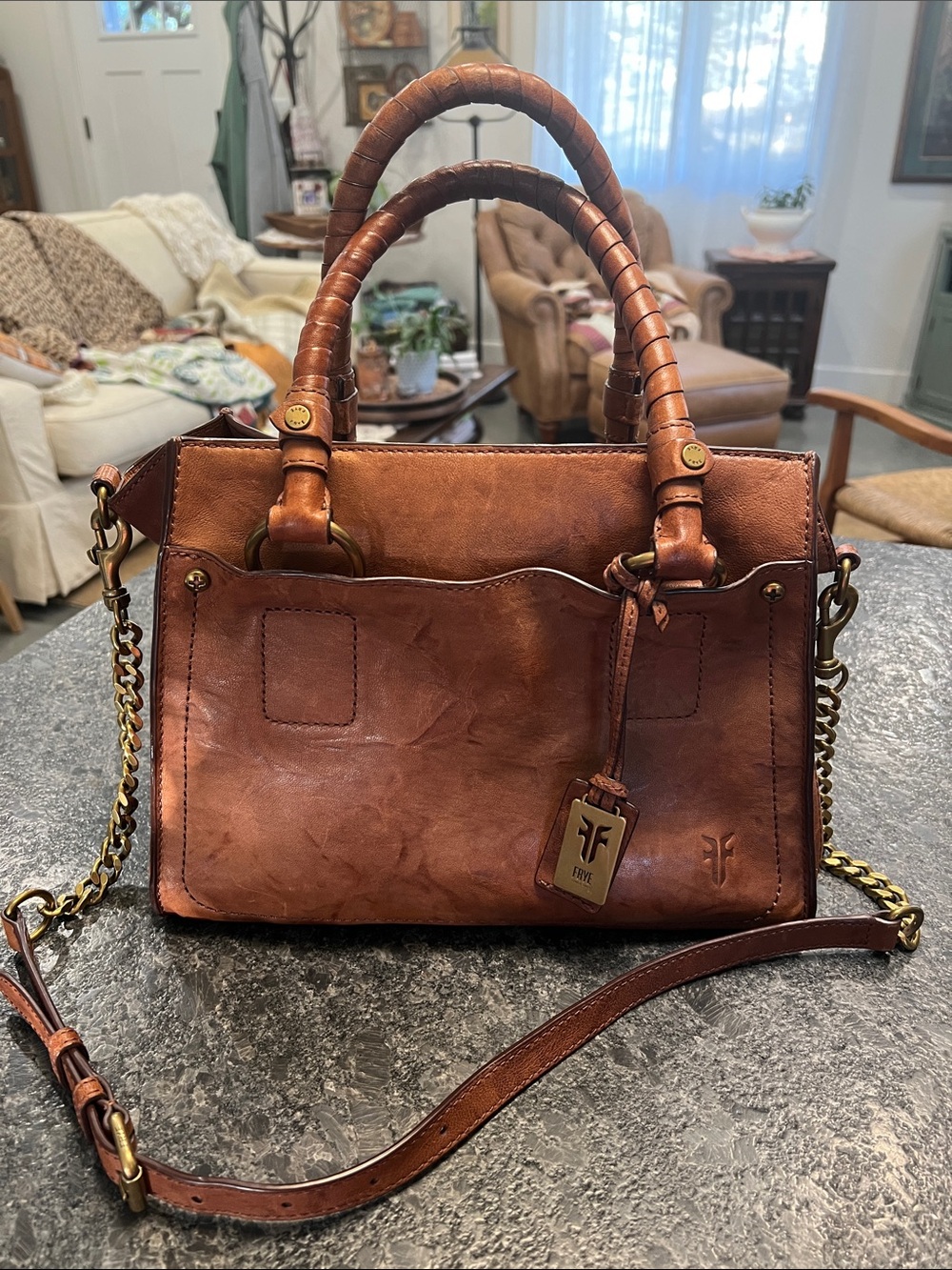Frye Cognac Brown Leather Satchel with Chain-Leather Strap